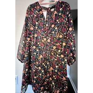 MSK Women's Floral Long Sleeve V-Neck Tie Back Shift Dress Black Pink Size Large